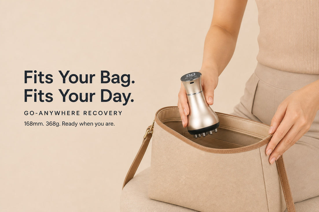 Compact recovery tool fits easily in an everyday bag for on-the-go body care