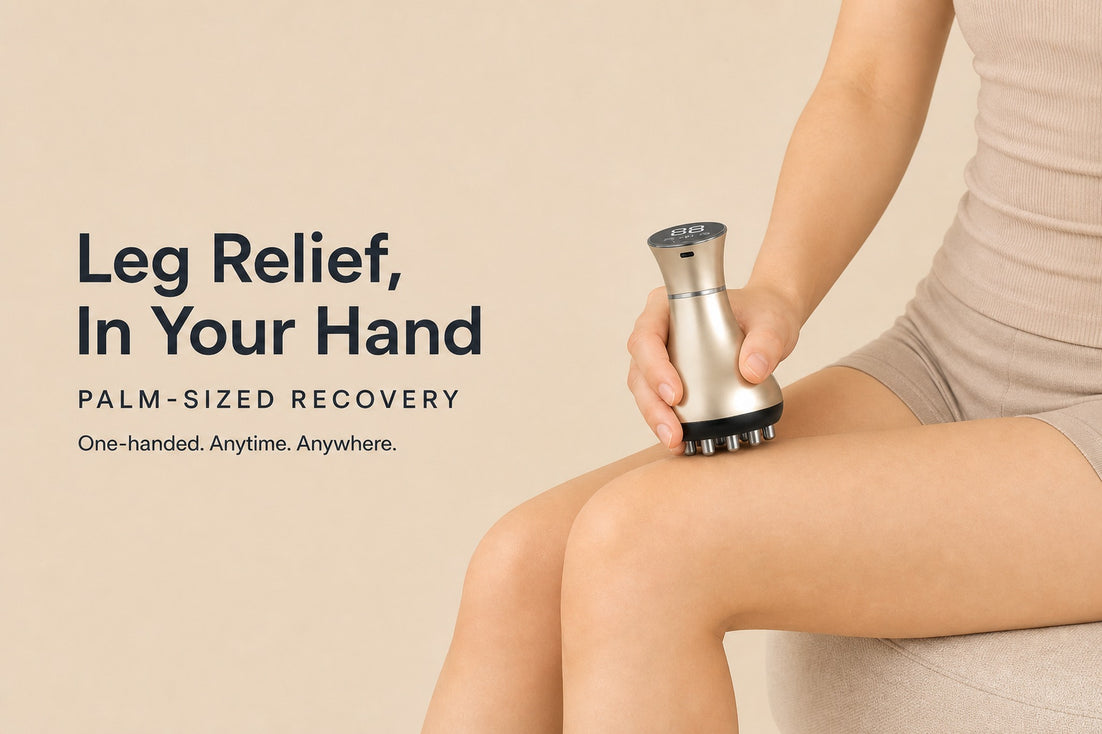 Palm-sized recovery tool on the thigh — one-handed leg relief