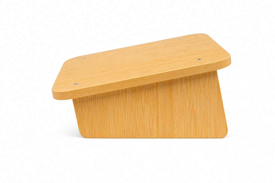 Wooden under-desk foot rest side angle view